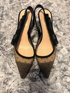 Dior Black Polka Dot Mesh Slingback kitten heels